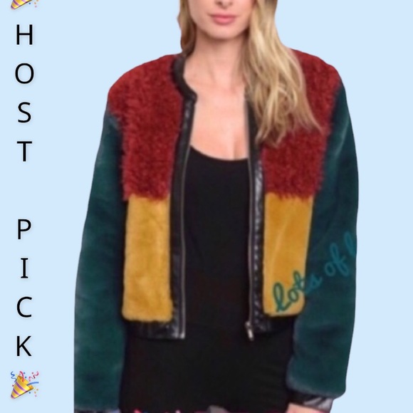 Jackets & Blazers - Green Mustard Multicolor Block Lined Faux Fur Jacket
